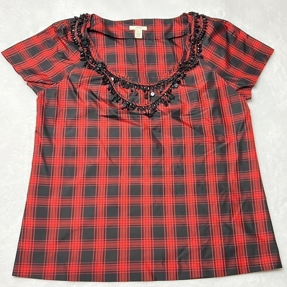 J. Crew Plaid Eliza Tee Short Sleeve Blouse 100% Silk Size 10 - Picture 1 of 7